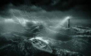 Лодка в море во время бури, маяк